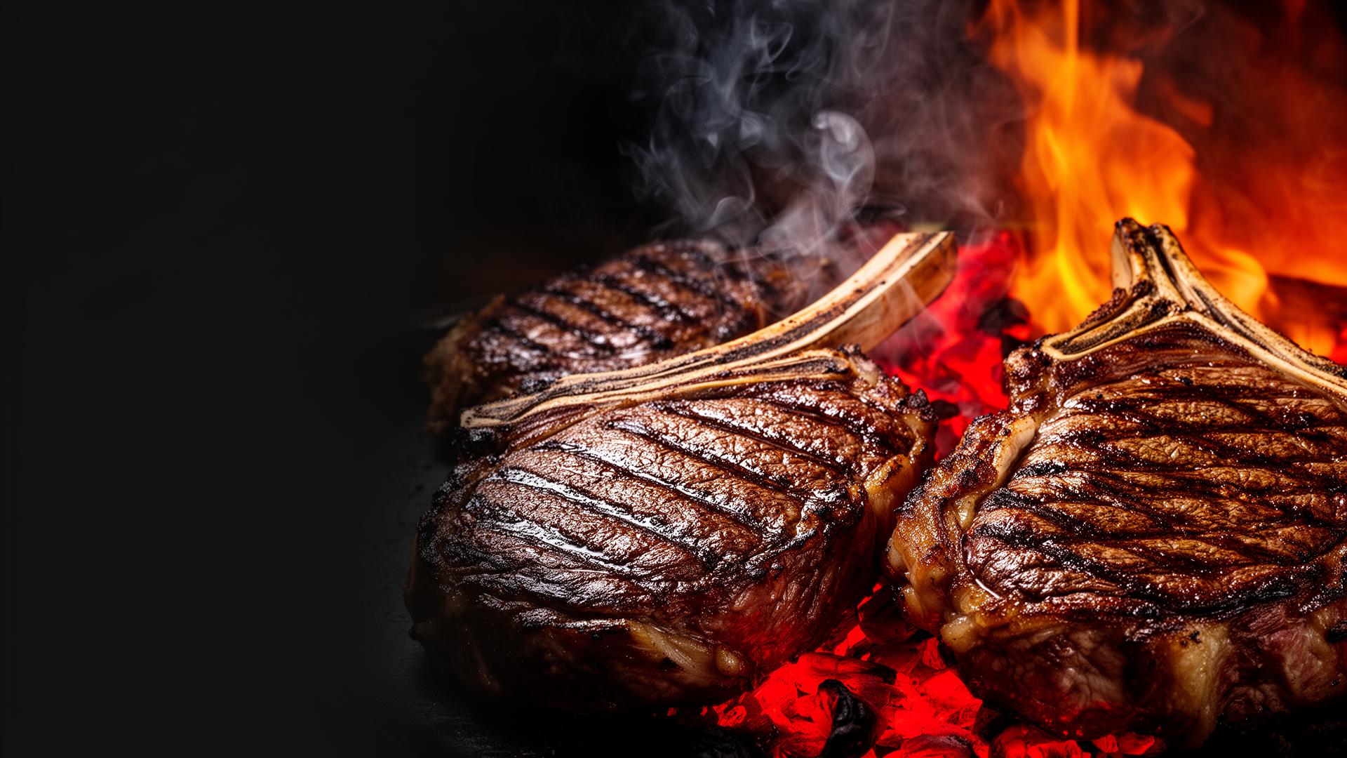 Cortes premium a la parrilla con humo y fuego